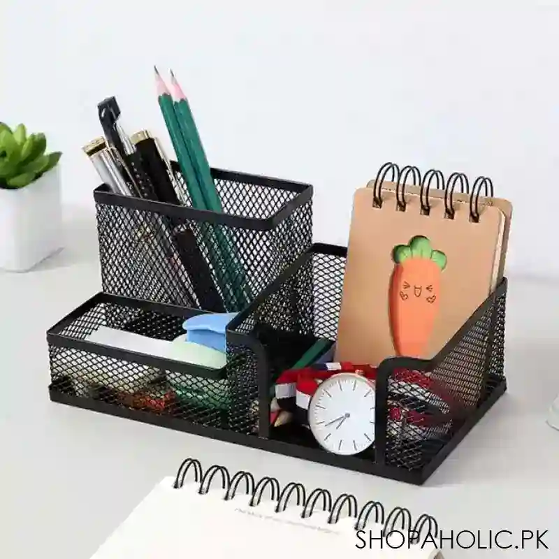 3 compartments metallic mesh desk stationary organizer for home and office main image