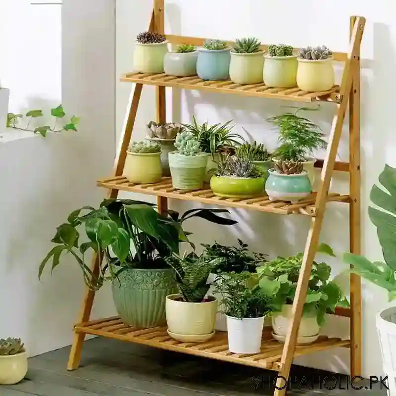 3 layers foldable wooden flower plant pots rack stand shelf for balcony, living room, garden image4