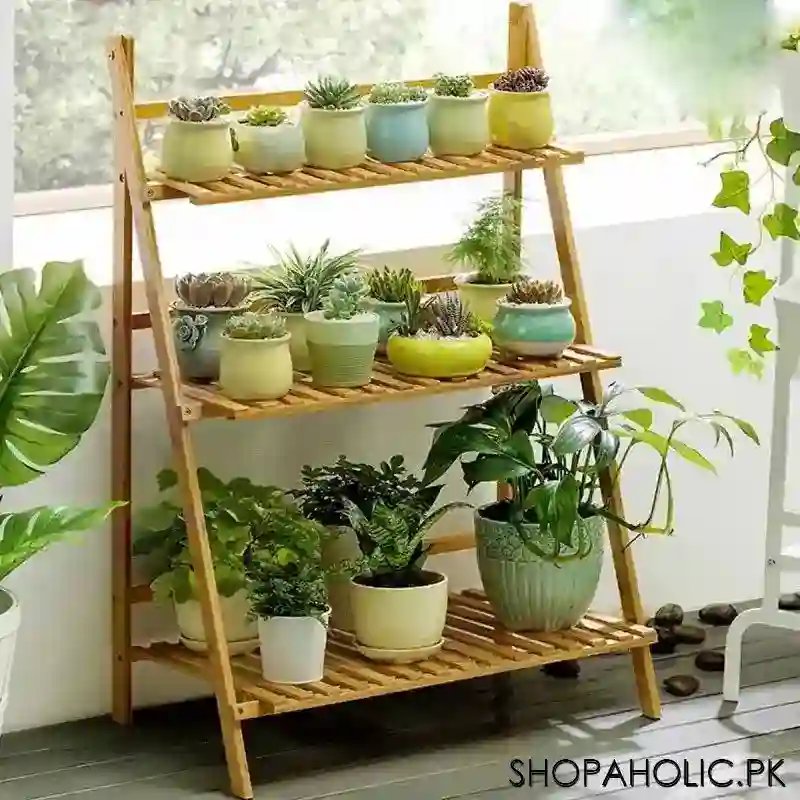 3 layers foldable wooden flower plant pots rack stand shelf for balcony, living room, garden main image