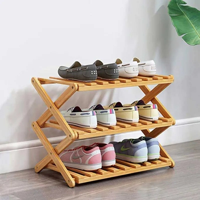 3 tier folding bamboo shoe storage racks, portable storage rack without installation shoe rack, perfect for corridors, bedrooms and small spaces main image