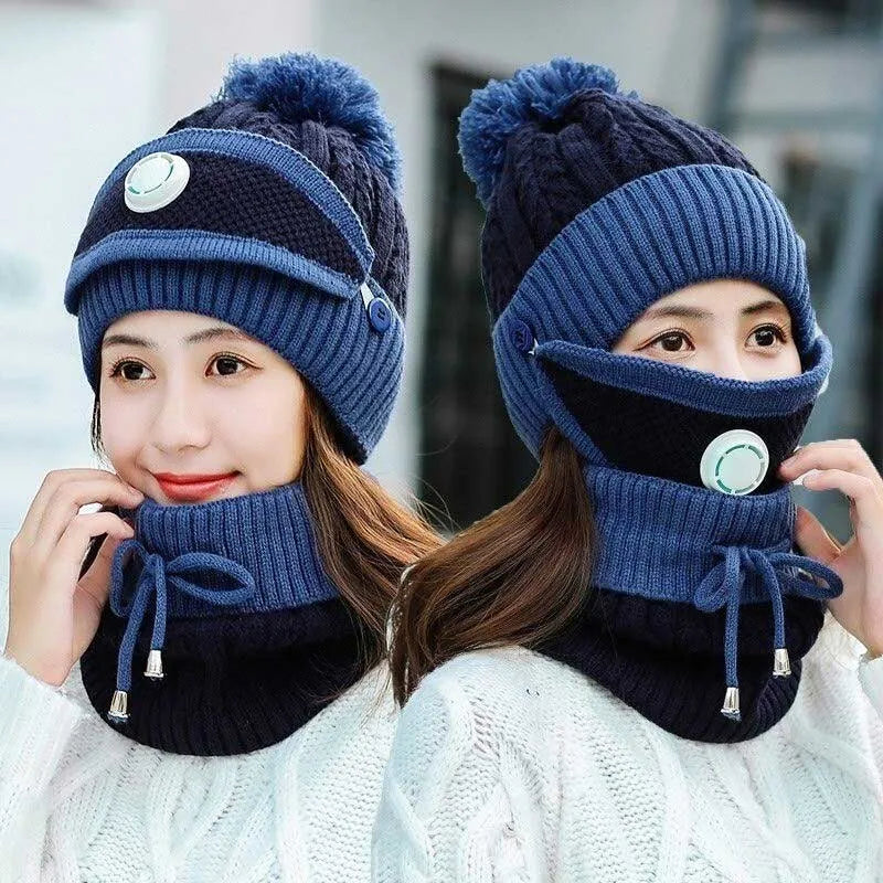 3pcs women winter scarf set with filter thickend knitted hat scarf face cover outdoor image2