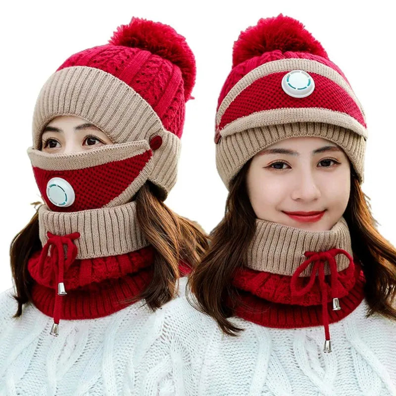 3pcs women winter scarf set with filter thickend knitted hat scarf face cover outdoor main image