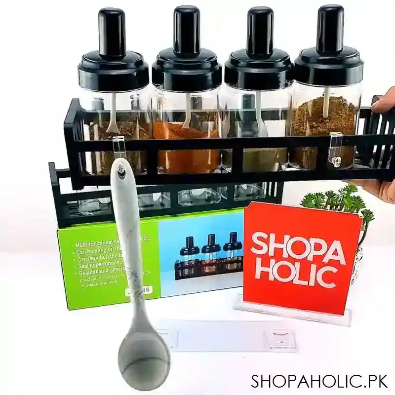 4 pcs kitchen spice jars rack integrated spoon lid and hooks image3