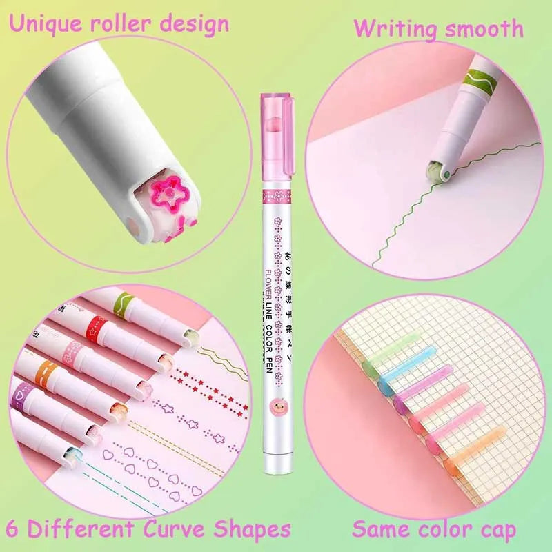 6pcs unique colored curve shapes roller line marker pen set for drawing, journaling, scrapbooking image9