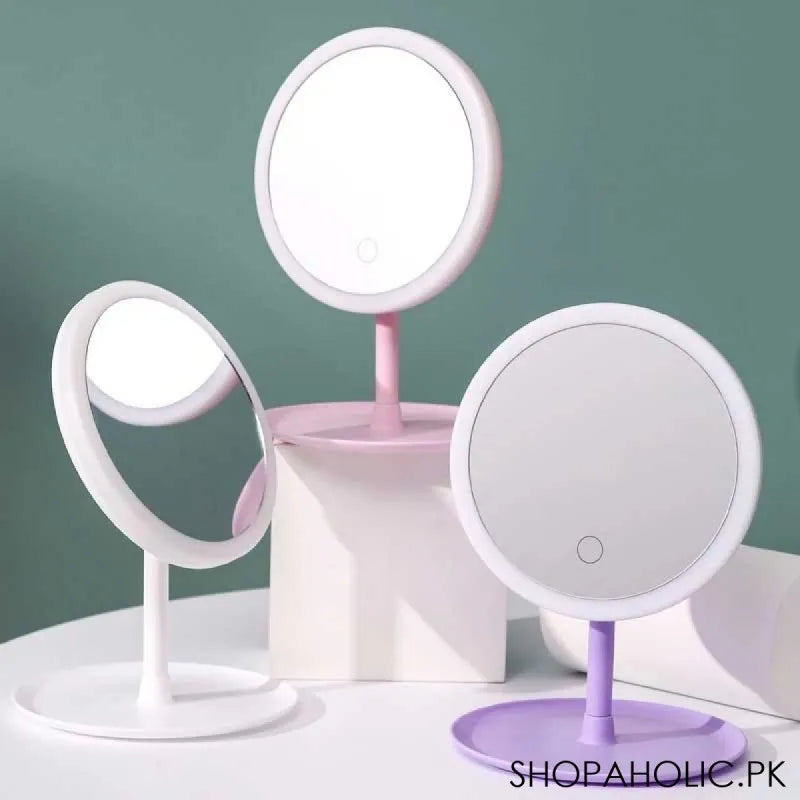 adjustable makeup mirror with storage tray built in led ring light mirror image5