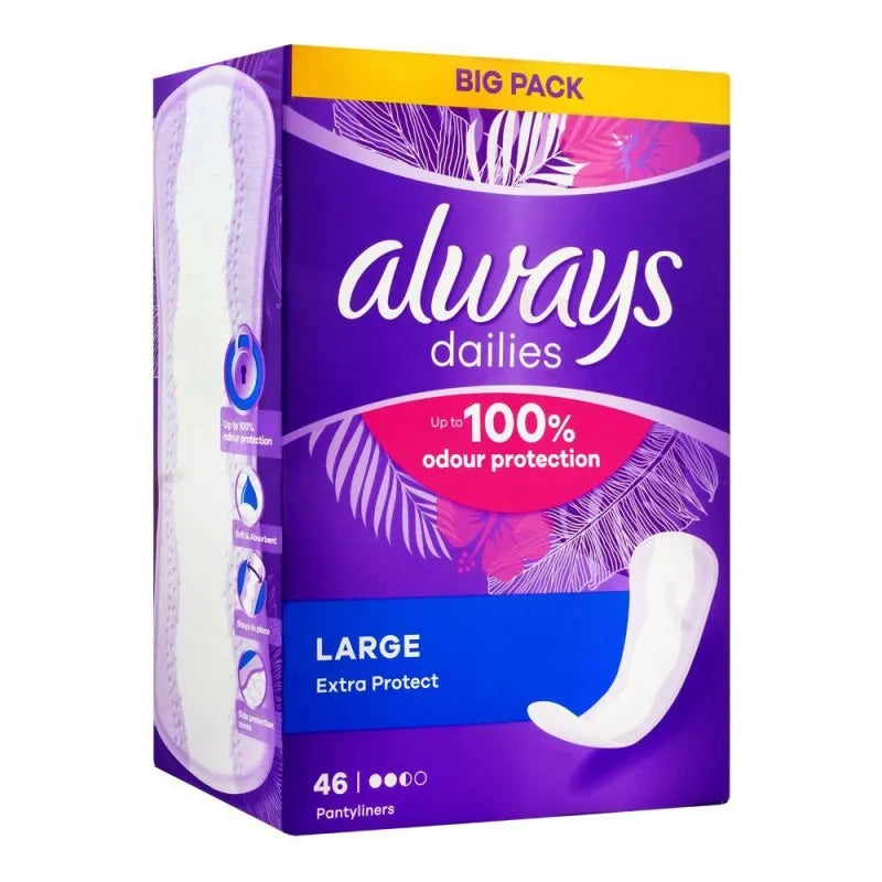 always dailies up to 100% odour protection panty liners, large, 46 pack main image