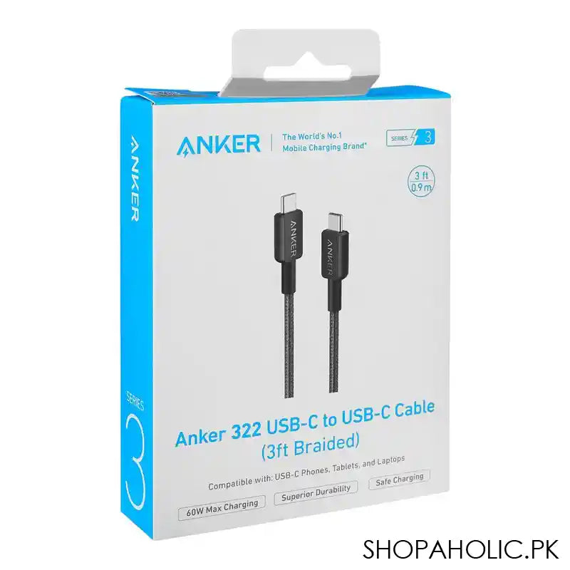 Anker 322 USB-C To USB-C Cable, 3ft Braided, 60W Max Charging, Cable Length 3ft/0.9m, Black, A81F5H11 - Main Image