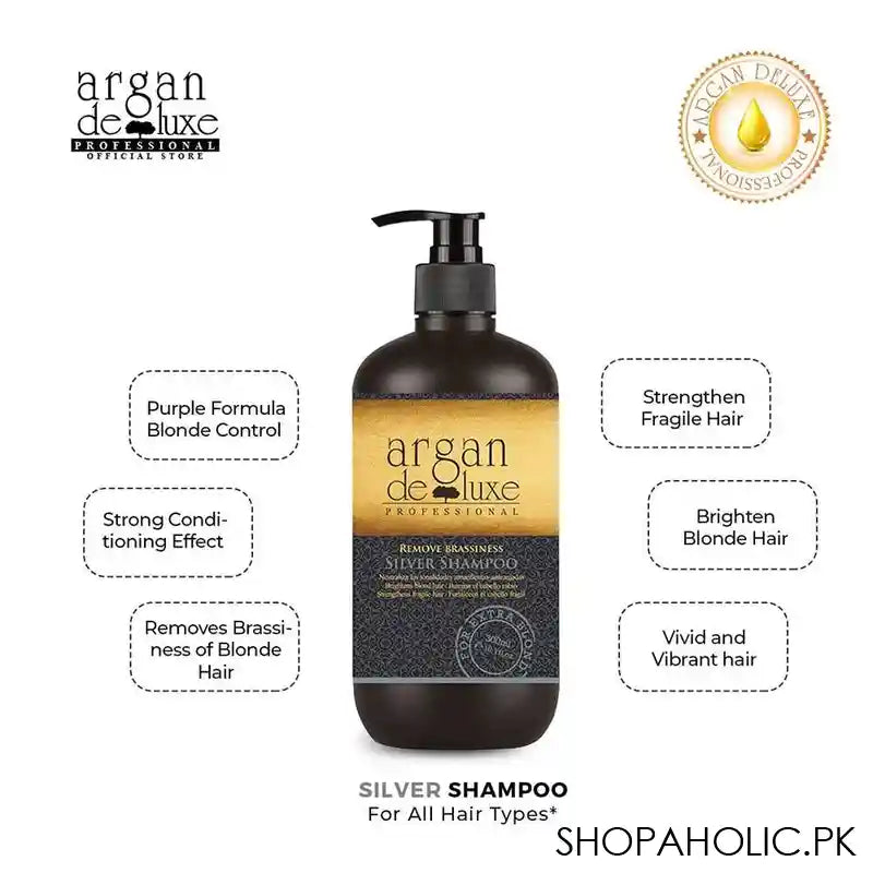 Argan De Luxe Remove Brassiness Silver Shampoo, Strengthens Fragile Hair, 300ml - Image 3