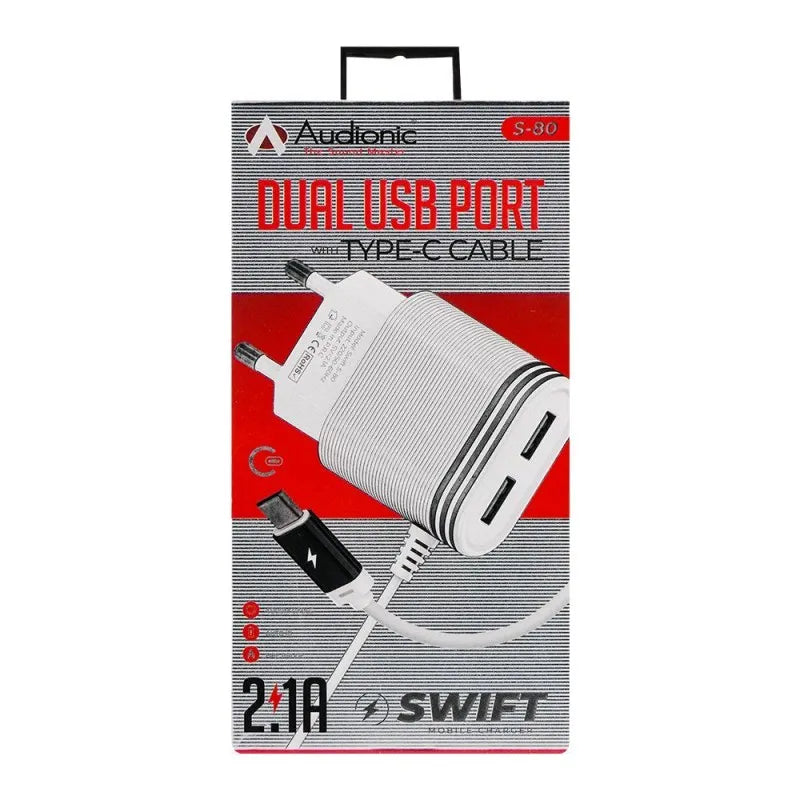 audionic 2.1a swift type c cable dual usb port charger, s 80 image2