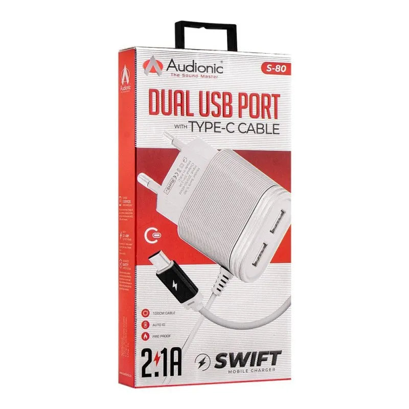 audionic 2.1a swift type c cable dual usb port charger, s 80 main image