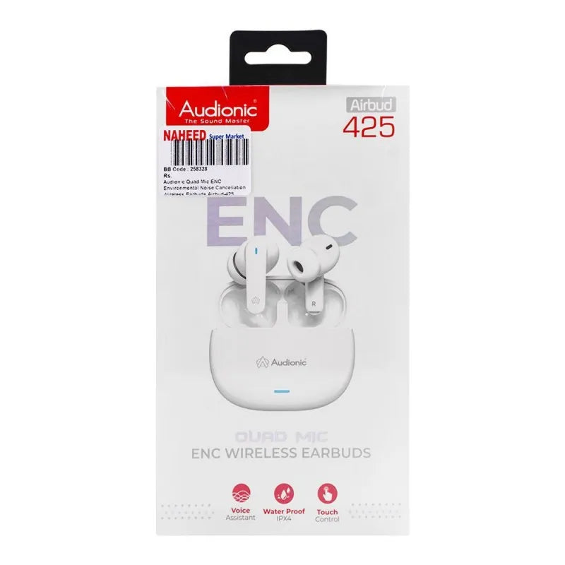 audionic quad mic enc environmental noise cancellation wireless earbuds, airbud 425, white image3