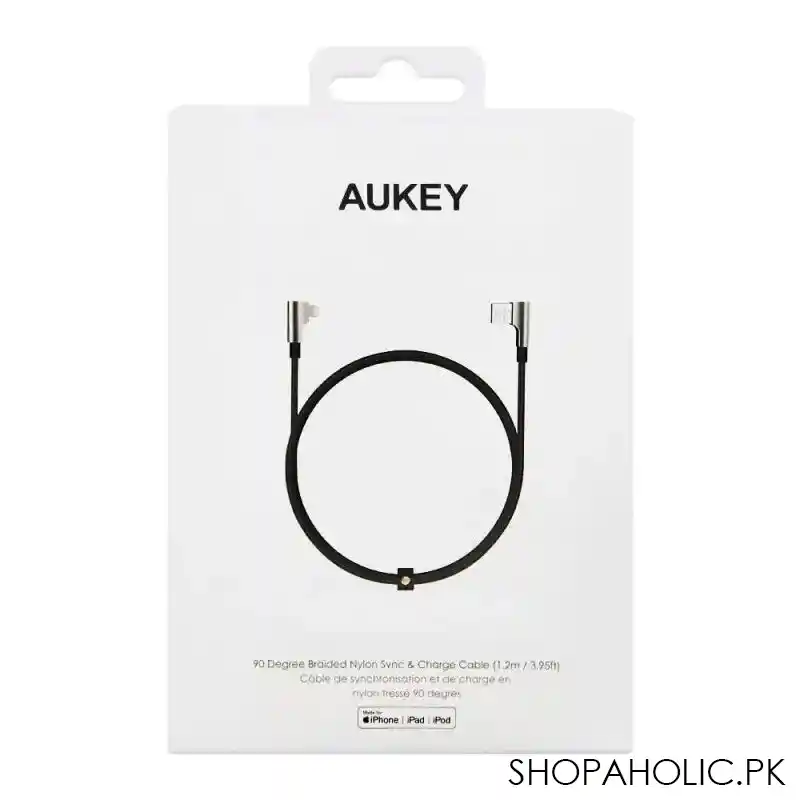 aukey 90 degree braided nylon iphone sync & charge cable, 3.95ft/1.2m, black, cbbal6 image2