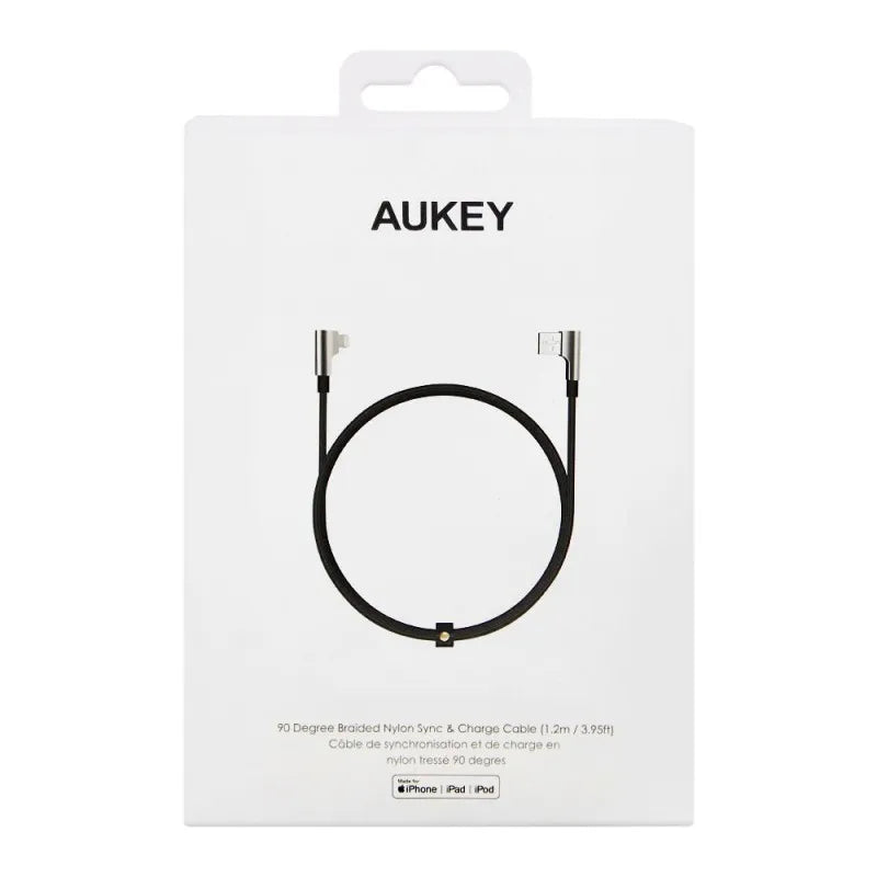 aukey 90 degree braided nylon iphone sync & charge cable, 3.95ft/1.2m, black, cbbal6 image2