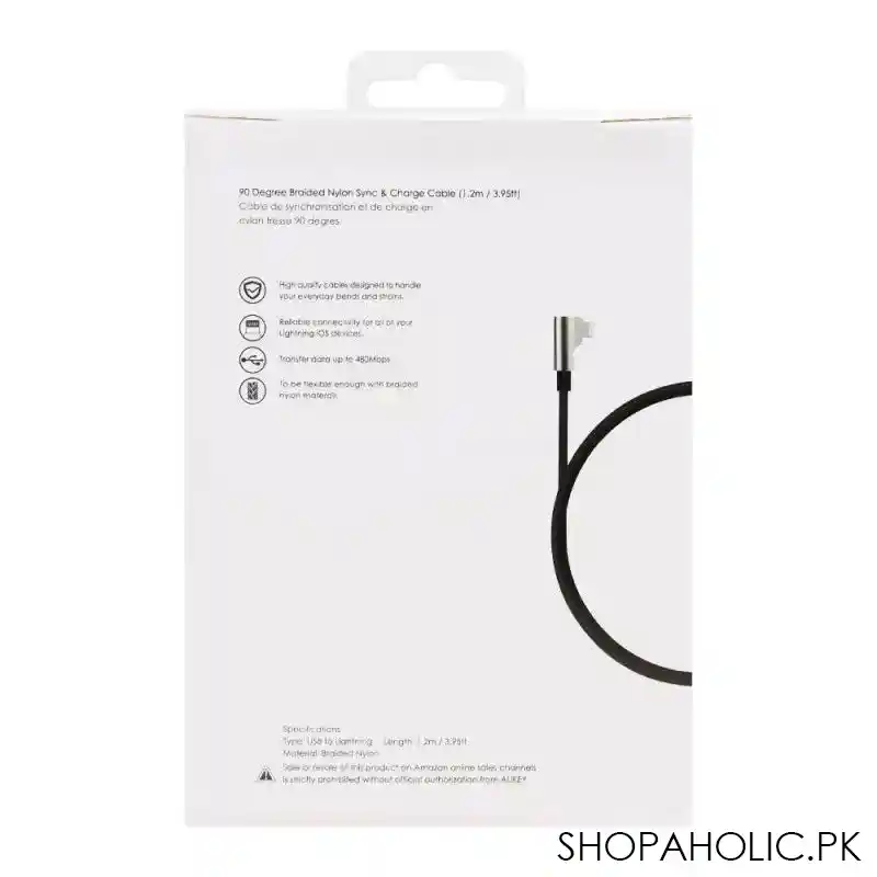 aukey 90 degree braided nylon iphone sync & charge cable, 3.95ft/1.2m, black, cbbal6 image3