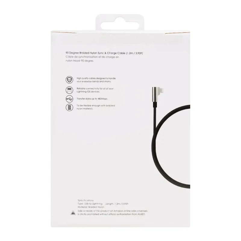 aukey 90 degree braided nylon iphone sync & charge cable, 3.95ft/1.2m, black, cbbal6 image3