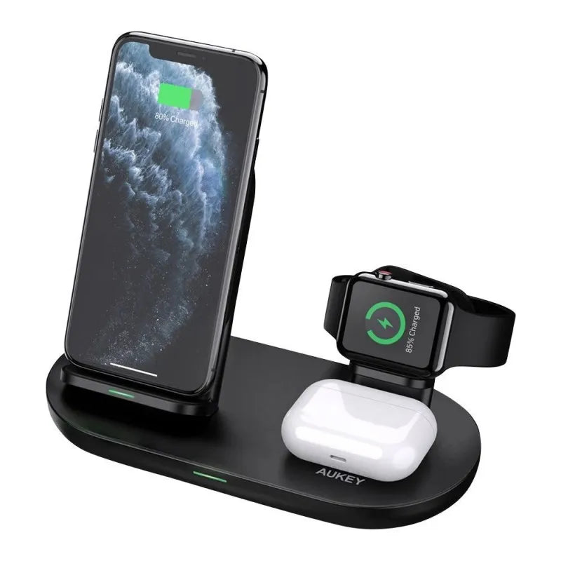 aukey aircore series 3 in 1 wireless charging station, black, lc a3 main image