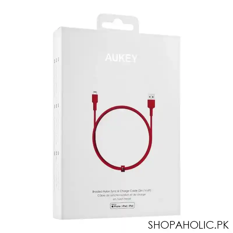 aukey braided nylon sync & charge cable, 6.6ft, red, cb bal4 image2