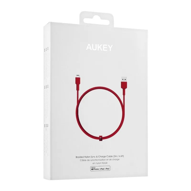 aukey braided nylon sync & charge cable, 6.6ft, red, cb bal4 image2