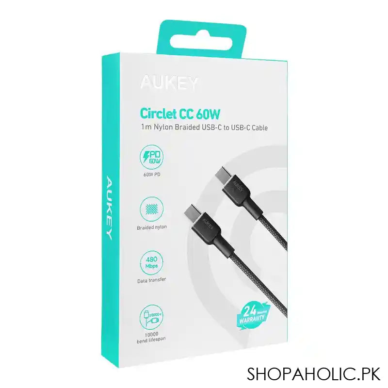 Aukey Circlet CC 60W Nylon Braided USB C To USB C Cable, 1m, Black, CB-NCC1 - Main Image