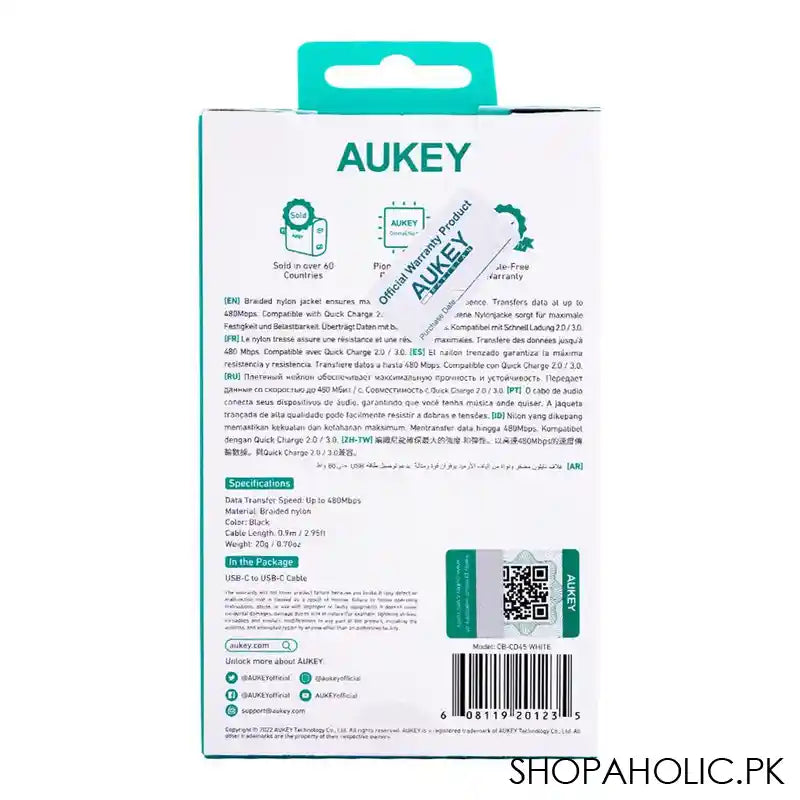 Aukey Impulse Braided CC 0.9m Nylon Braided USB-C To C Cable, White, CB-CD45 - Image 3