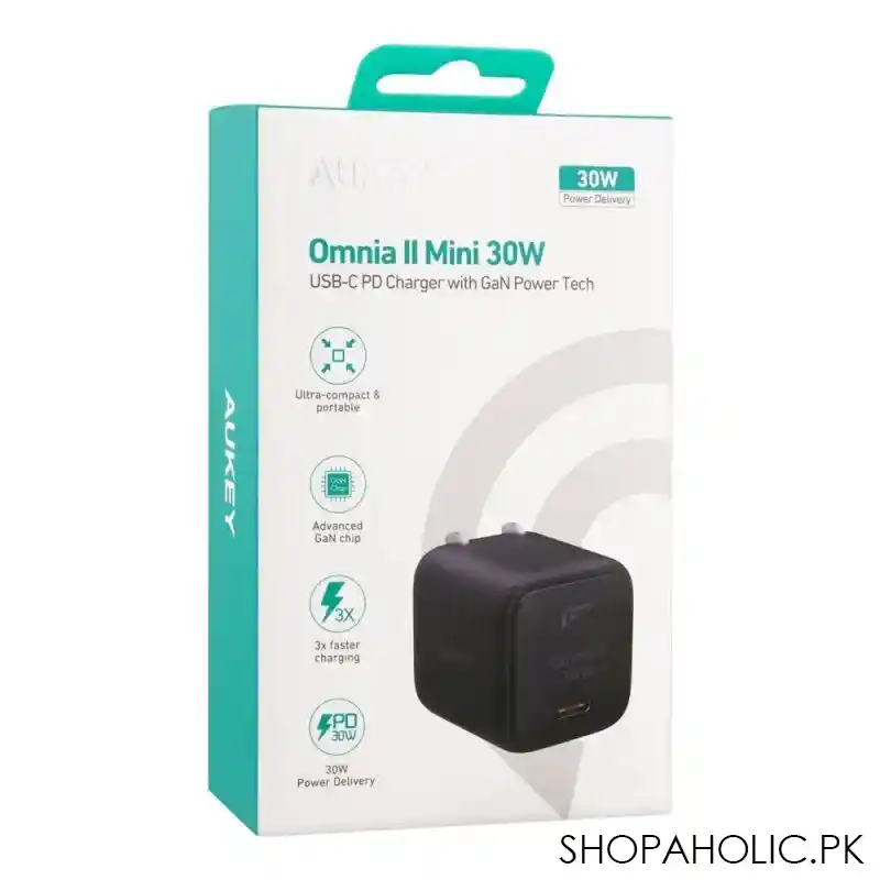 aukey omnia ii mini 30w usb c pd charger, black, pa b1l image2