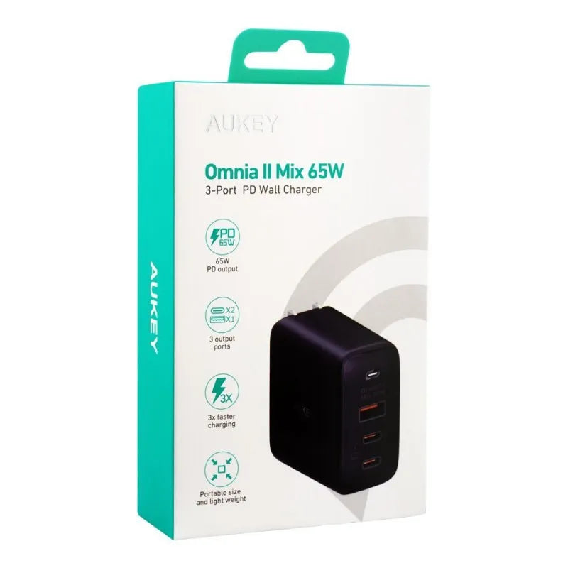 aukey omnia ii mix 65w 3 port pd wall charger, black, pa b6t image2