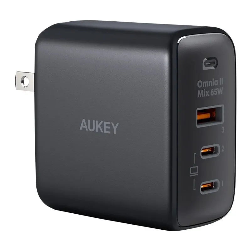 aukey omnia ii mix 65w 3 port pd wall charger, black, pa b6t main image