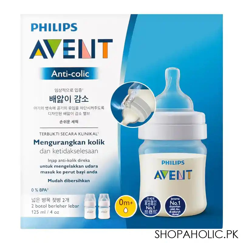 Avent Anti-Colic Wide Neck Feeding Bottle, 0m+, 125ml, 2-Pack, SCF810/27 - Image 2