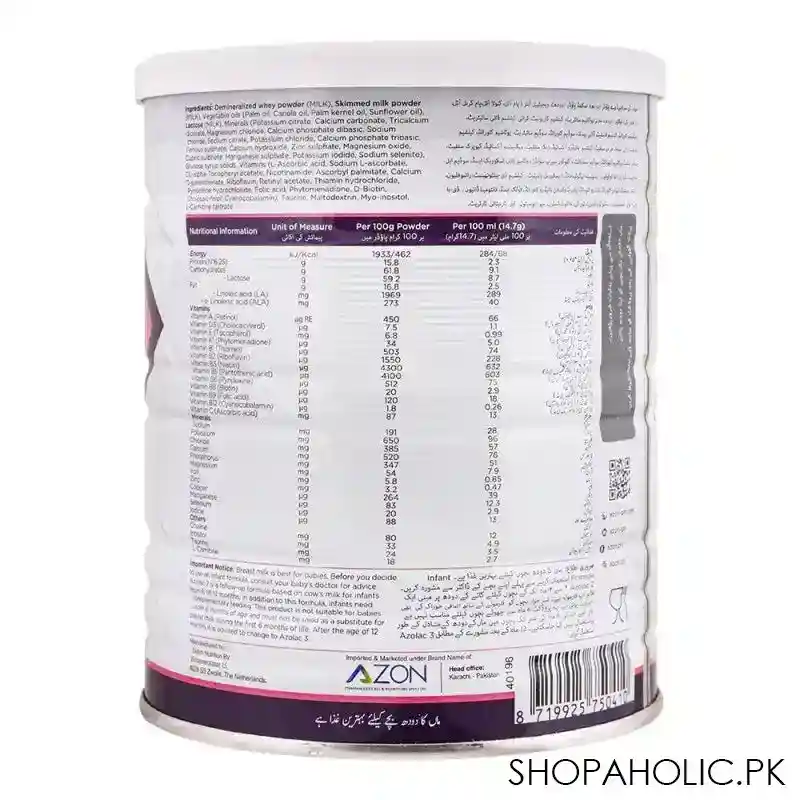 azolac follow up formula 2, vitamins minerals choline, halal, 400g image2