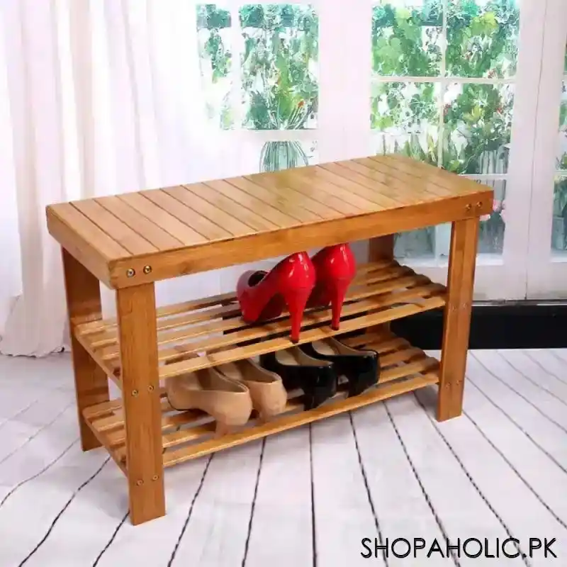 bamboo wooden shoe rack with sitting stool image2