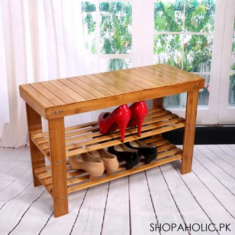 bamboo wooden shoe rack with sitting stool image2