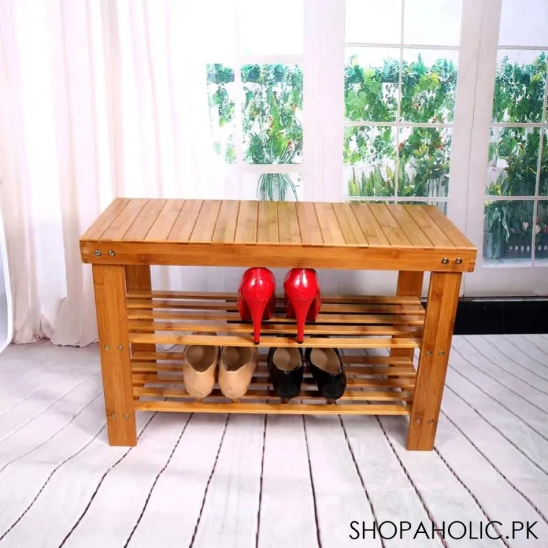 bamboo wooden shoe rack with sitting stool main image