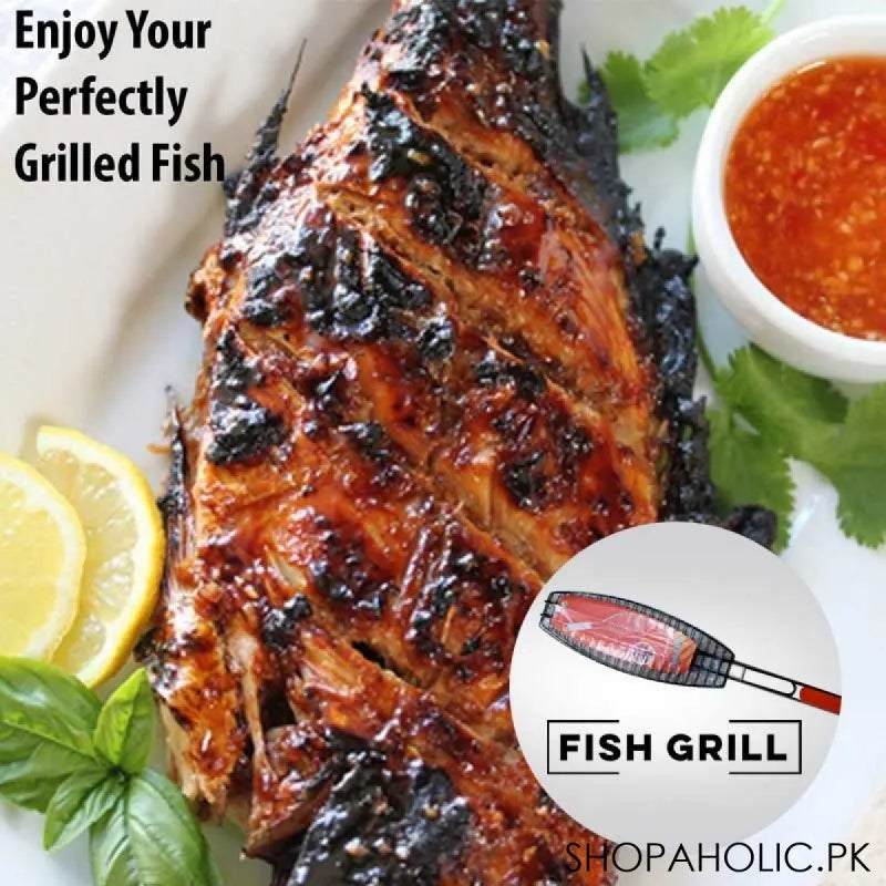 barbeque fish grill with wooden handle main image