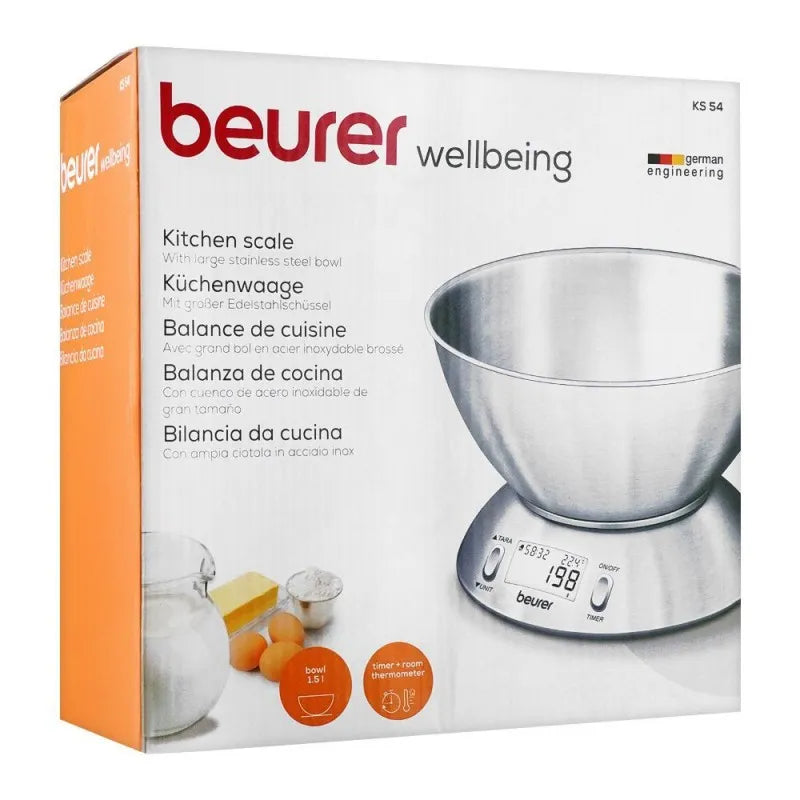 beurer wellbeing timer lcd display kitchen scale, weight machine, ks 54 image2