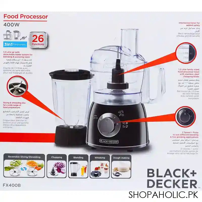 Black & Decker 3-In-1 2-Speed Food Processor, 400W, 26 Functions, FX400B - Image 3