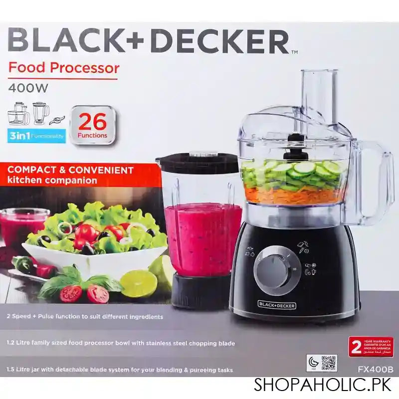 Black & Decker 3-In-1 2-Speed Food Processor, 400W, 26 Functions, FX400B - Image 2