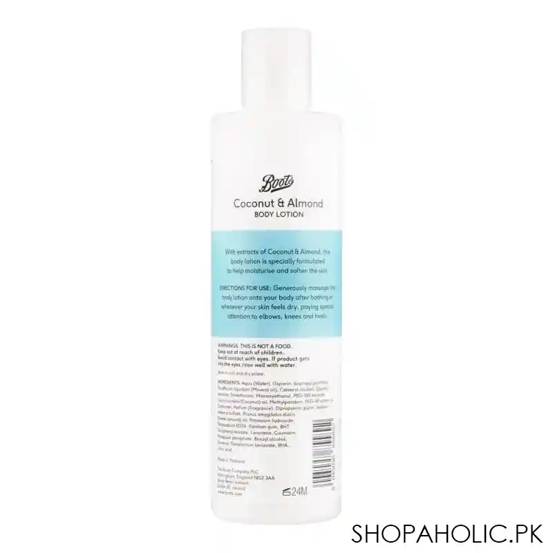 boots coconut & almond moisturising & softening body lotion, 290ml image2