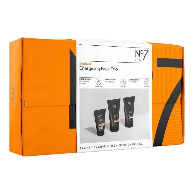 boots no 7 men energising face trio set, moisturiser spf15 + face scrub + face wash main image