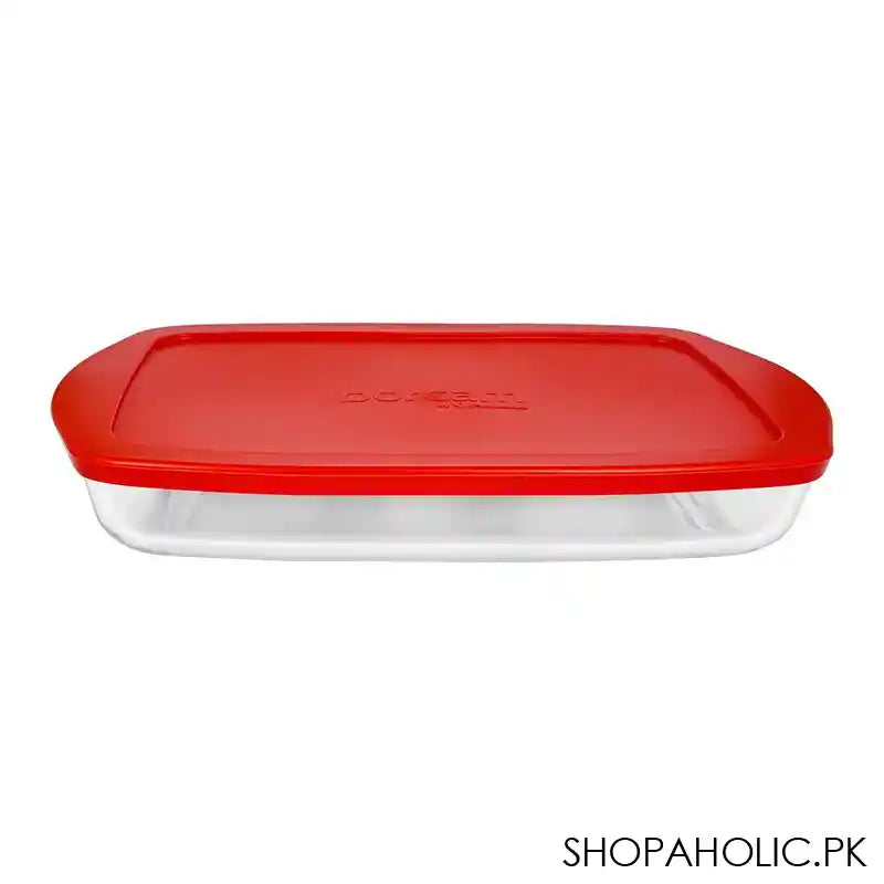 Borcam Rectangular Tray With Red Plastic Lid, Ovenware, Glassware & Dishware, 13.22 X 7.48 Inches, 59006-47 - Main Image