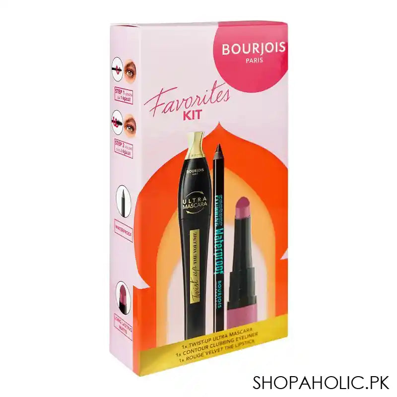 Bourjois Favorites Kit, Twist Up Mascara + Waterproof Eyeliner + Long Lasting Matte Lipstick, 3-Pieces - Main Image