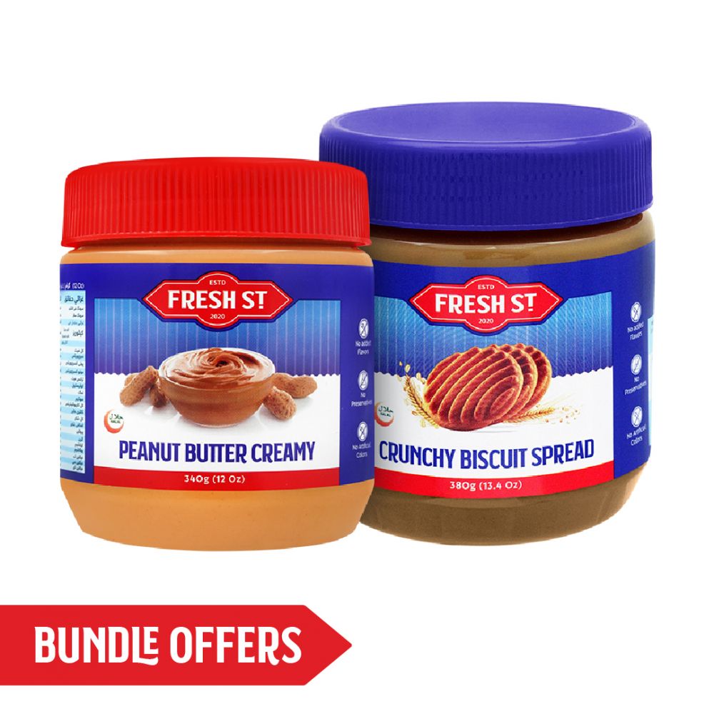 Fresh Street Creamy Peanut Butter, 340g + Crunchy Biscuit Spread, 380g, Bundle Offer - Main Image