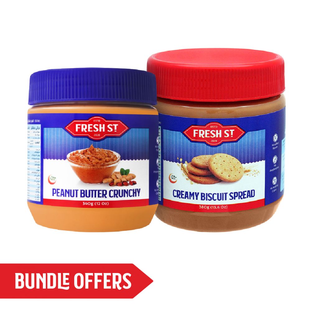 Fresh Street Crunchy Peanut Butter, 340g + Creamy Biscuit Spread, 380g, Bundle Offer - Main Image