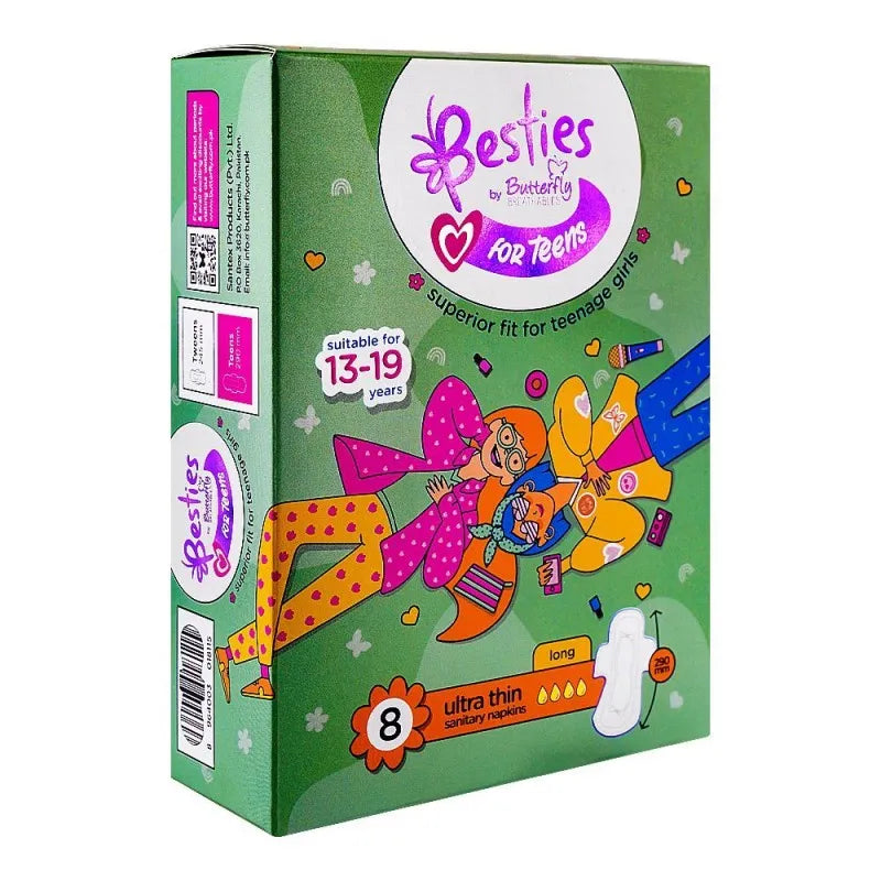 butterfly besties for teens ultra thin sanitary napkins, long, suitable for teenage, 8 pack main image