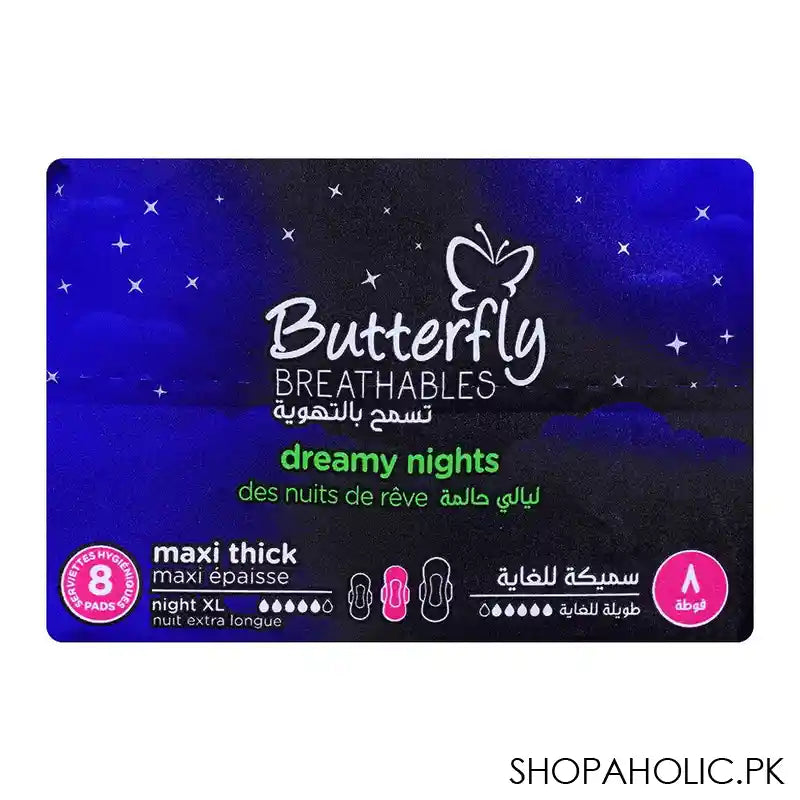 Butterfly Breathable Dreamy Nights, Maxi Thick, Prevents Leaks At Night, Extra Long 8-Pads - Image 2