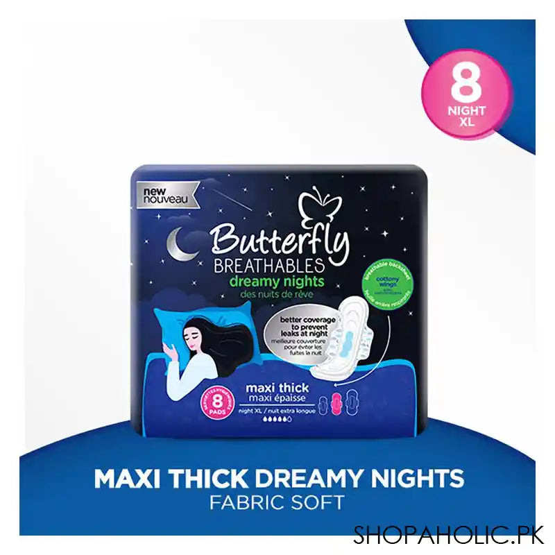 Butterfly Breathable Dreamy Nights, Maxi Thick, Prevents Leaks At Night, Extra Long 8-Pads - Image 5