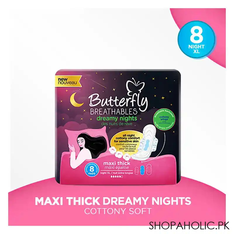 Butterfly Breathable Dreamy Nights, Maxi Thick, Sensitive Skin Night, Extra Long 8-Pads - Main Image