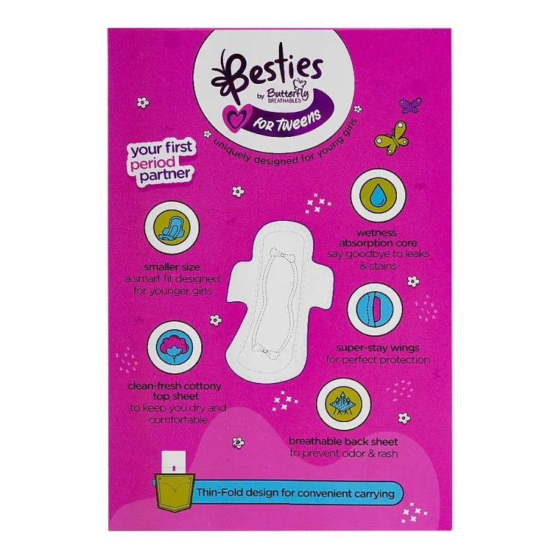 butterfly breathables besties for tweens ultra thin sanitary napkins regular, suitable for 10 12 years, 8 pack image2