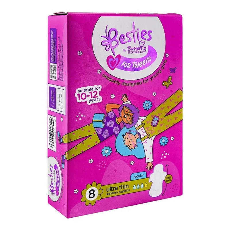 butterfly breathables besties for tweens ultra thin sanitary napkins regular, suitable for 10 12 years, 8 pack main image