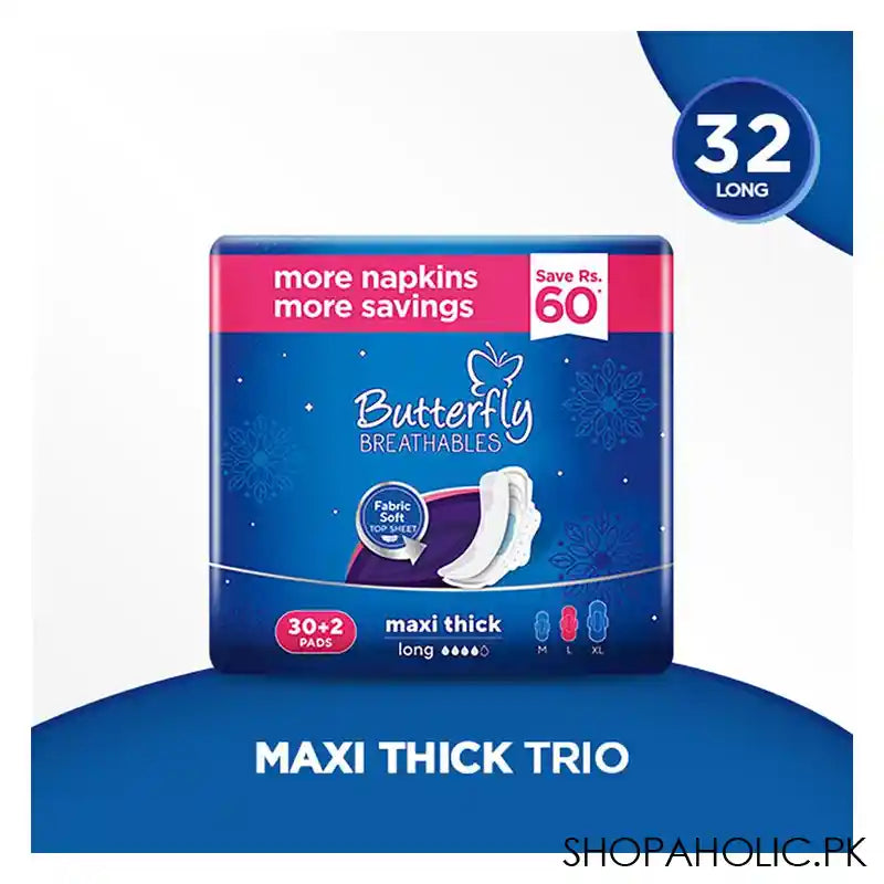 Butterfly Breathables Maxi Thick Trio Long Pads, 30+2 Value Pack - Main Image