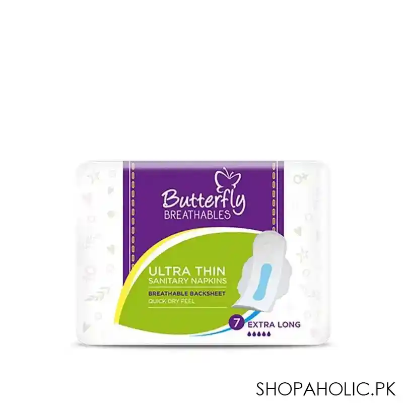 butterfly breathables ultra thin sanitary napkins, dry mesh topsheet, extra large, 7 pads main image